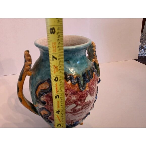 Vintage Handcrafted Ceramic Vase With Dragon Handles & Textured Design Italy - Picture 7 of 9